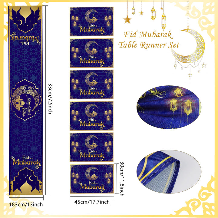 7PCS Eid Mubarak Table Runner and Placemats Ramadan Table Runner Table Mats Golden Star Moon Lantern Ramadan Decor Sets Eid Al-Fitr Ramadan Mubarak Party Home Dinning Room Table Decorations