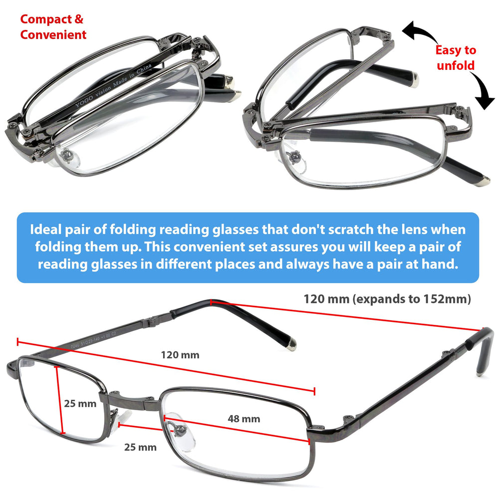 Reading Glasses Set of 2 Fashion Folding Readers with Leather Cases Brown and Gunmetal Glasses for Reading for Men and Women Set of Gunmetal and Brown 1.75