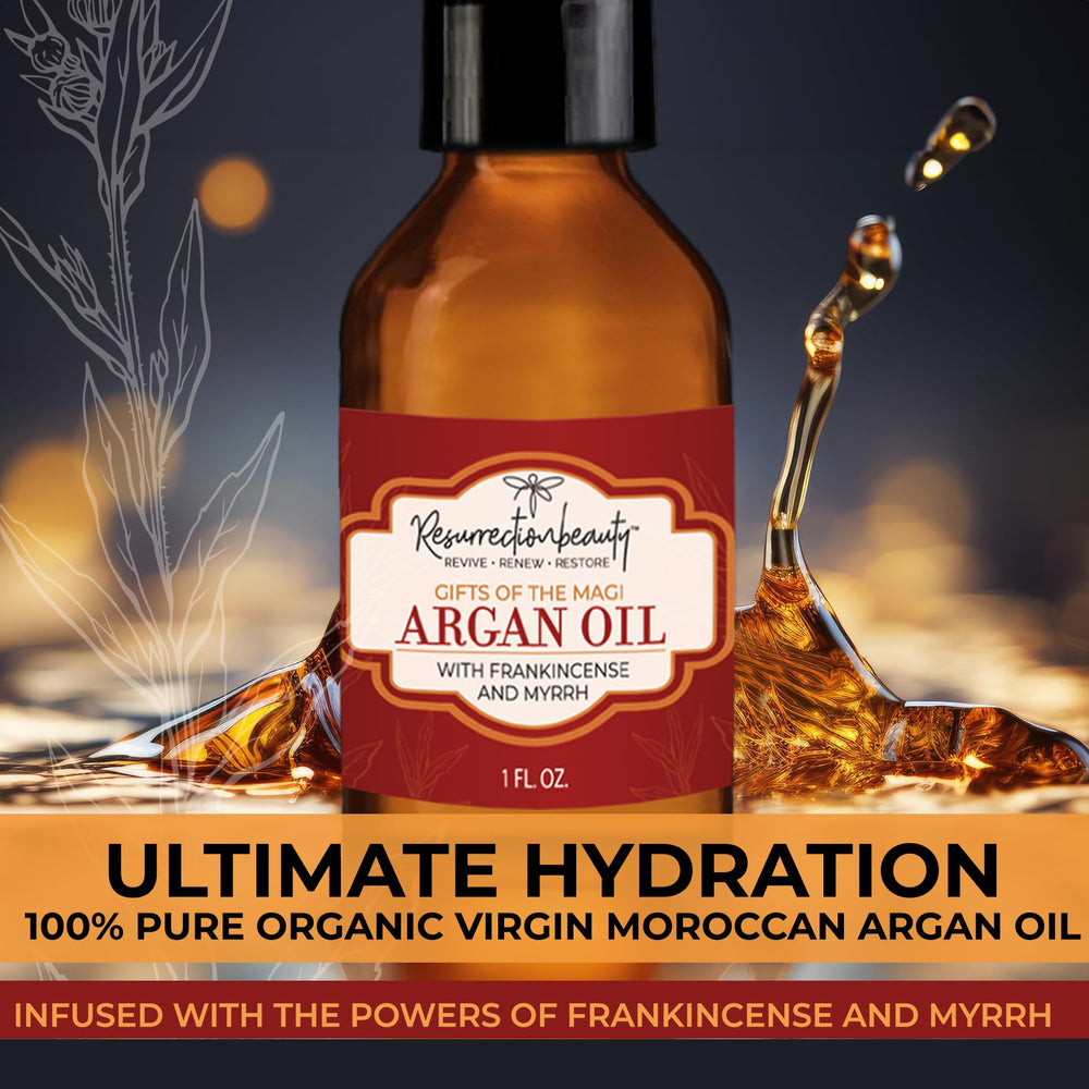 Frankincense and Myrrh Argan Oil For Skin, Hair, Nails and Scars, Pure Organic Liquid Gold Virgin Moroccan Argan Oil Enhanced with Pure Therapeutic Grade Essential Oils of Boswellia Carteri and Commiphora Myrrha, Gifts Of The Magi Moisturizing and An