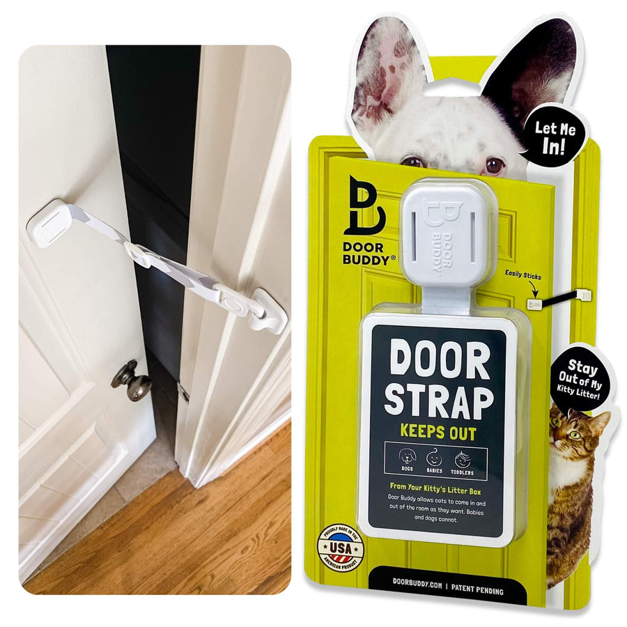 Pet Door Latch for Cats - Grey. Adjustable Cat Door Strap. Dog Proof Litter Box & Feeding Station Without Pet Gate. Most Customizable Cat Door Holder for Interior Door.