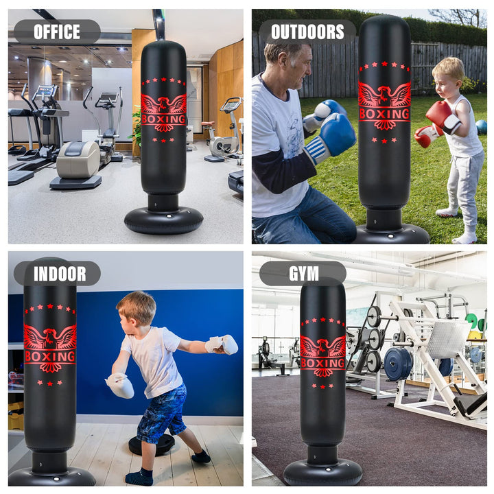 Inflatable Punching Bag for Kids 63 inch Boxing Punching Bag for Kids with Gloves, Punching Bag with Stand Adult Bounce Back Boxing Bag for Practicing Karate, Taekwondo, MMA (Red Gloves)