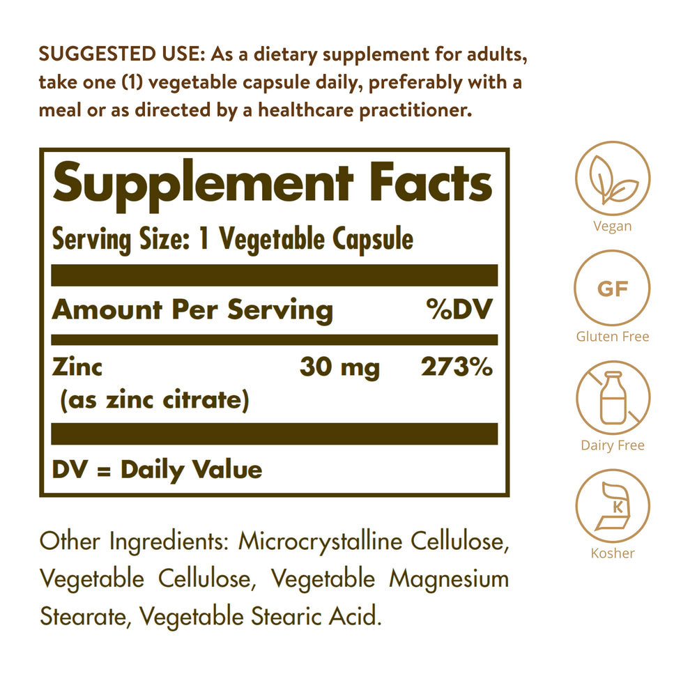 Solgar Zinc Citrate Vegetable Capsules, 100 Count, Non-