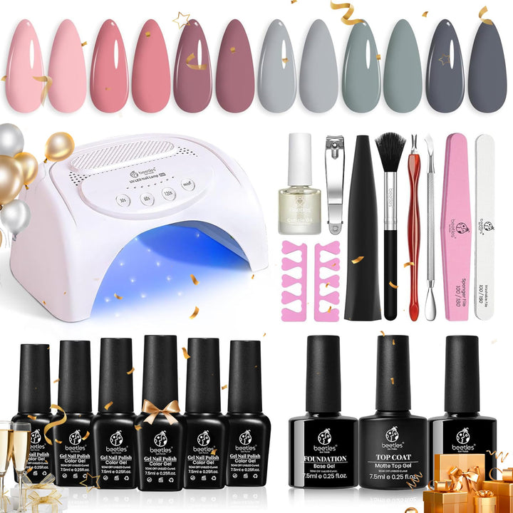Beetles Gel Nail Polish Kit with with 48W UV LED Nail Lamp Starter Kit-6 Pcs Maroon Burgundy Red Gel Polish Set Base Gel Top Coat Glitter Gel Nail Kits Manicure Kit Gifts for Women