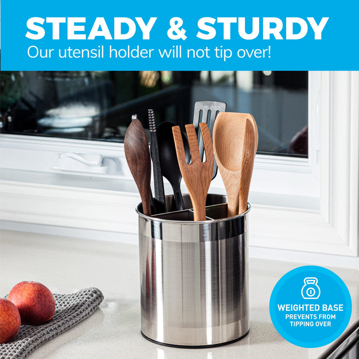 Rotating Extra Large Stainless Steel Utensil Holder Caddy with Sturdy No-Tip Weighted Base, Removable Divider, and Gripped Insert Bottom -Dishwasher Safe Metal Cooking Utensil Holder…