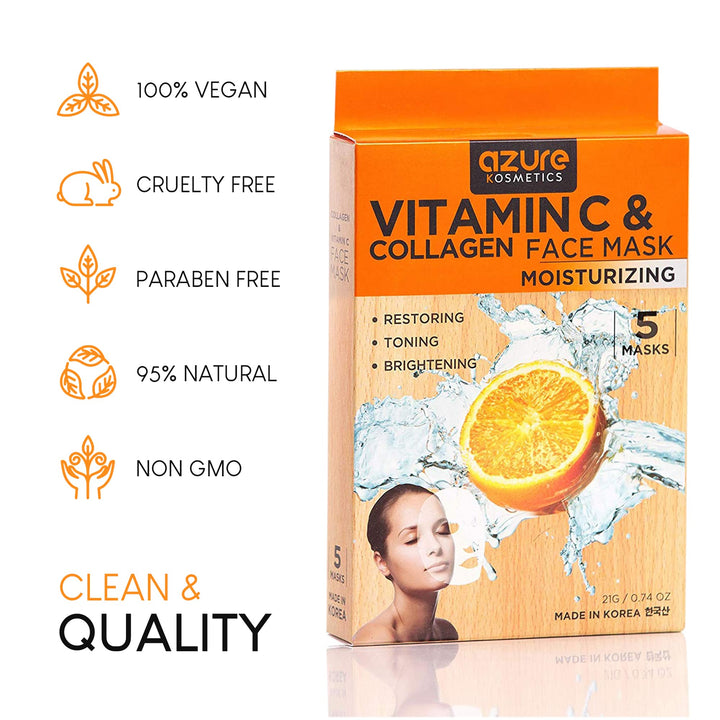 Collagen and Vitamin C Moisturizing Face Mask by Azure - Reduces Signs of Aging | Improve Skinââ‚¬â„¢s Elasticity | Hydrates Your Skin| - 5 Pack