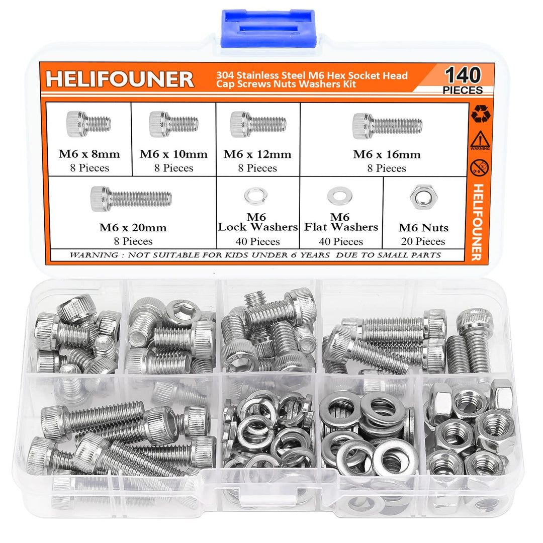 140 Pieces M6 x 8mm /10mm /12mm /16mm /20mm, Hex Socket Head Cap Metric Screws Bolts Washers Nuts Kit, 304 Stainless Steel