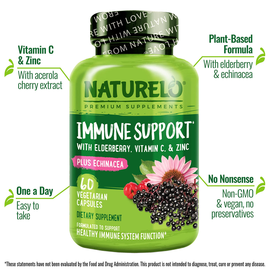 Immune Support – Vitamin C, Elderberry, Zinc, Echinacea – Natural Immunity Boost w/Antioxidant, Herbal &amp; Mineral Defense - 60 Vegan Capsules