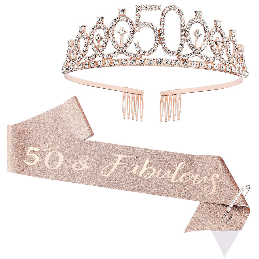 50th Birthday Crown + 50 & Fabulous Birthday Sash + Pearl Pin Set, 50th Birthday Gifts for Women Friends 50th Birthday Decorations Women