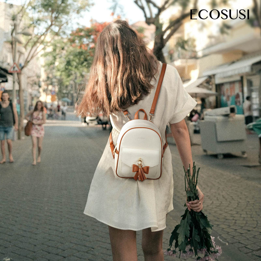 Mini Backpack for Women Girls Cute Bowknot Small Backpack Purse Ladies Leather Bookbag Satchel Bag, with Charm Tassel White&Brown