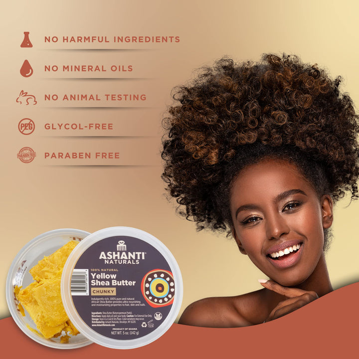 ASHANTI NATURALS 100% CHUNKY NATURAL AFRICAN SHEA BUTTER, YELLOW, 5 OZ.