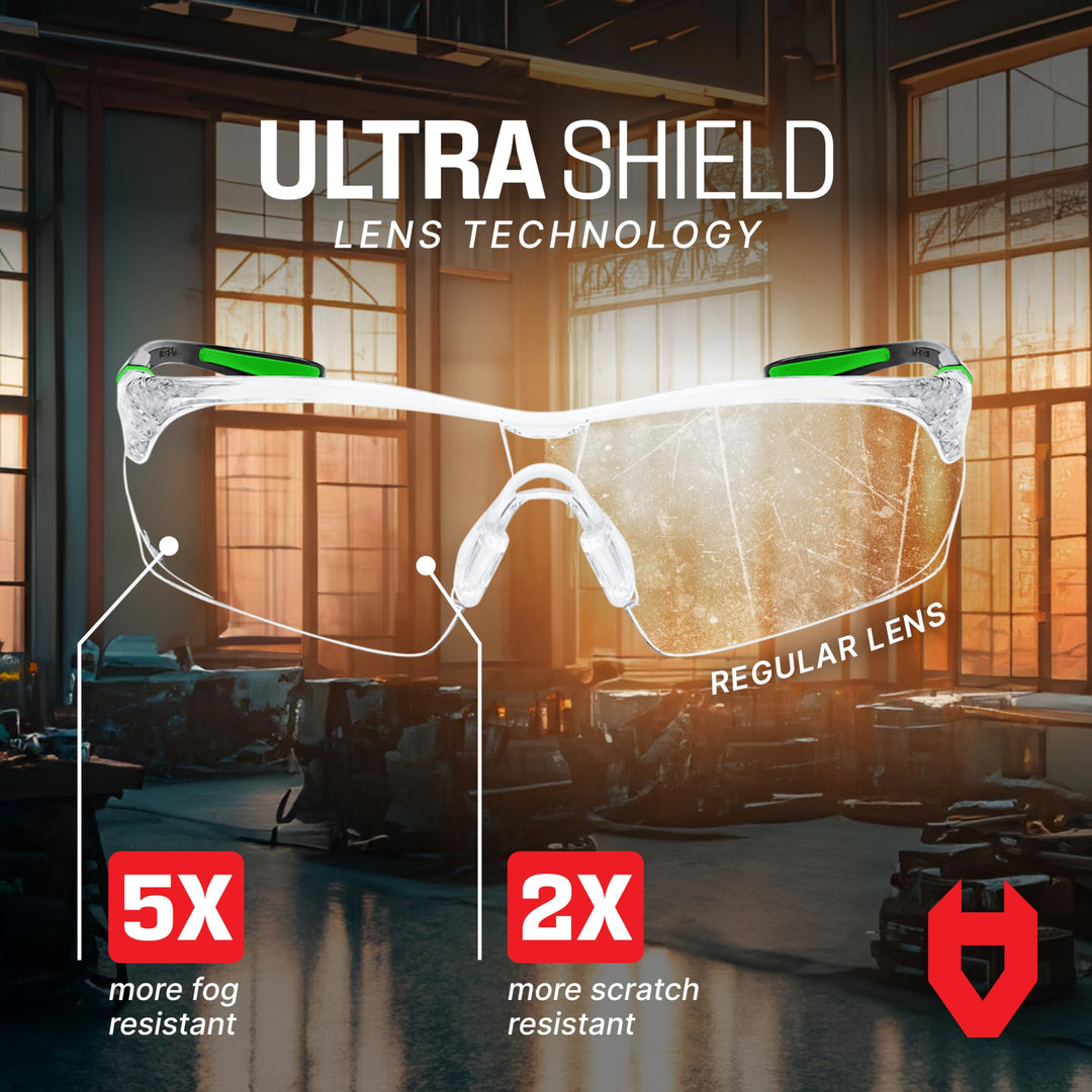 Clear Safety Glasses for Men and Women with Anti-Fog and Scratch Resistant Wrap Around Lenses, Adjustable Temples and Nose Pads — Certified ANSI Z87 Safety Glasses — 100% UV Protective Eyewear