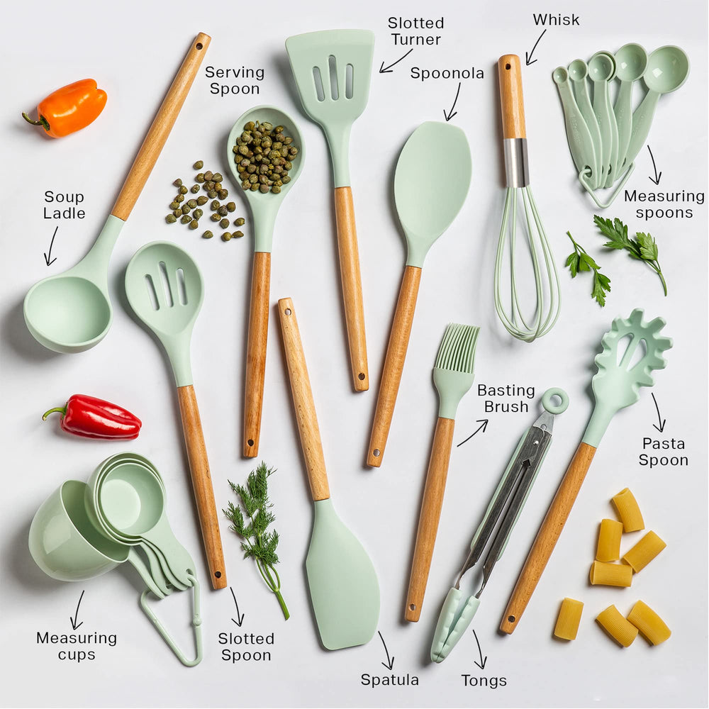 Kitchen Silicone Cooking Utensils Set of 20 , Wooden Ut