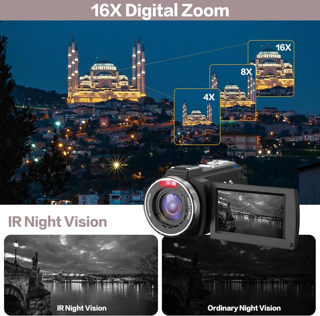 Video Camera Camcorder, Full HD 30FPS 36MP 16X Digital Zoom Digital Camera,IR Night Vision Vlogging Camera, YouTube Camera with External Microphone, Lens Hood, Stabilizer, Remote Control