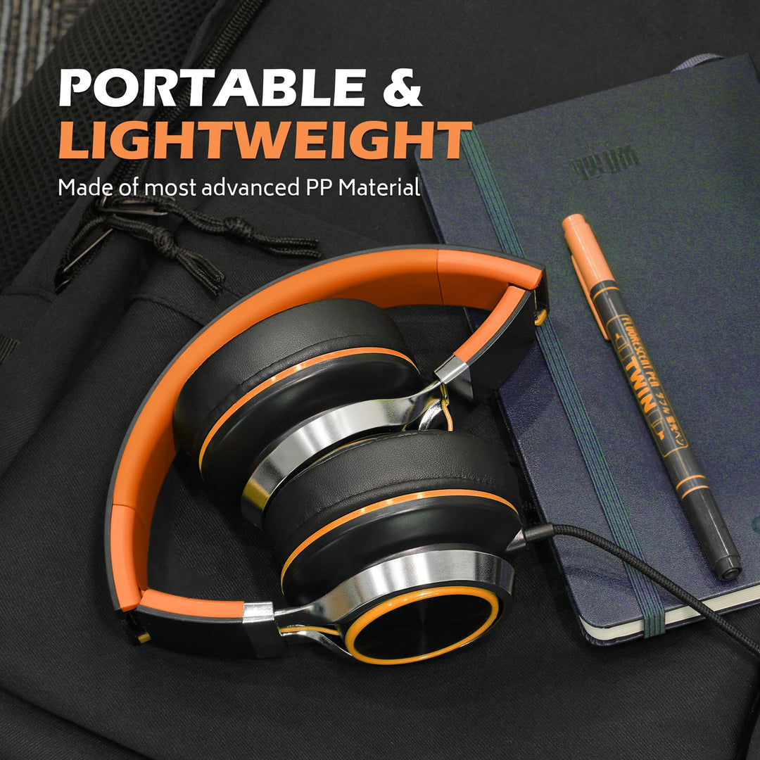 Kids Headphones, Headphones Wired with Microphone and Volume Control Folding Stereo Corded On-Ear 3.5mm Headset for Boys Girl Cellphones Tablets Chromebook Laptop Computer (Black/Orange)