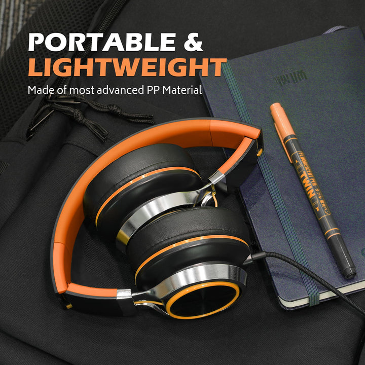 Kids Headphones, Headphones Wired with Microphone and Volume Control Folding Stereo Corded On-Ear 3.5mm Headset for Boys Girl Cellphones Tablets Chromebook Laptop Computer (Black/Orange)