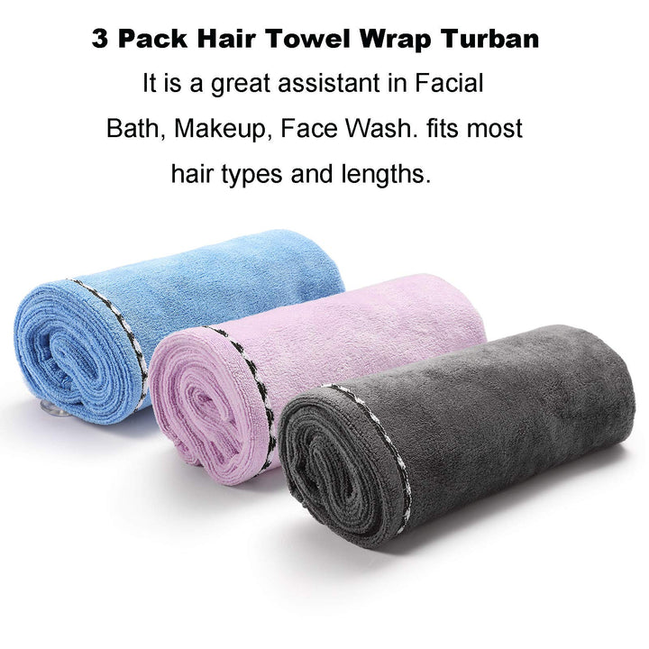 3-Pack Microfiber Hair Drying Bath Shower Towel Head Turban Wrap with Button, Quick Magic Dryer - Wrapped Bath Cap - Super Absorbent For Long and Curly Hair