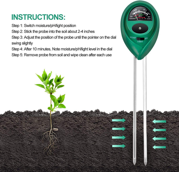 3-in-1 Soil Test Kit, Soil Moisture/Light/pH Meter for House Plant, Garden, Lawn, Farm, Ideal for Indoor &amp; Outdoor Use