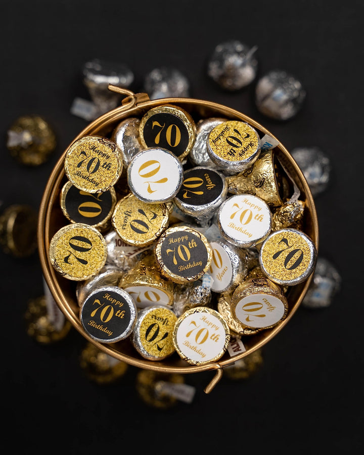 70th Birthday Kisses Stickers, (Set of 324) Chocolate Drops Labels Stickers for 70th Birthday, Hershey&#39;s Kisses Party Favors Decor, 9 Designs (36 Stickers of Each)