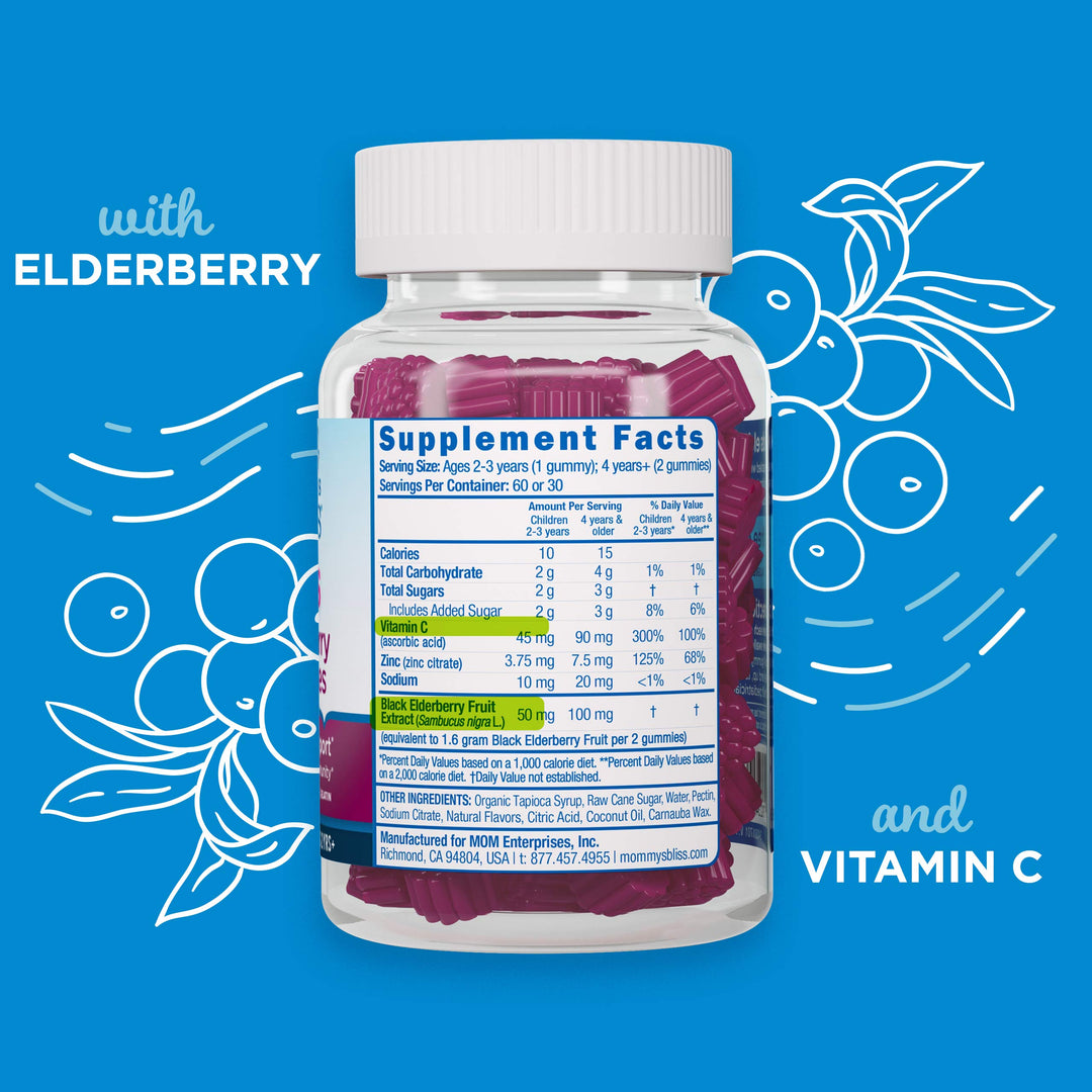 Mommy&#39;s Bliss Kids Elderberry Gummies, Supports Immunity with Black Elderberry, Zinc &amp; Vitamin C, Gluten Free &amp; Vegan, Age 2 Years+ (60 Count)