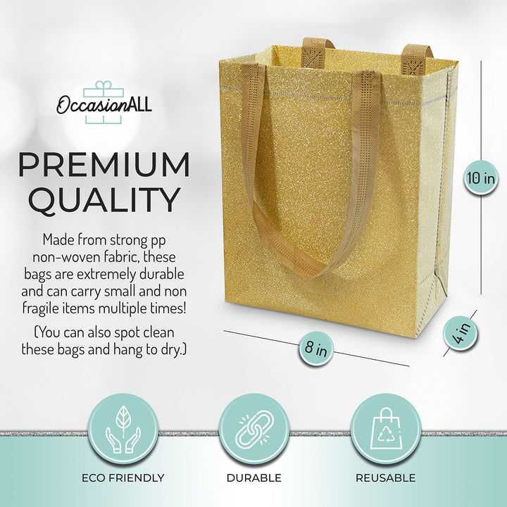 OccasionALL Gold Gift Bags 8x4x10 12 Pack Medium Reusab