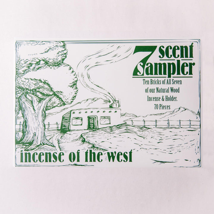 - 7 Scent Sampler Natural Wood Incense with Burner, Includes Piñon, Cedar, Juniper, Hickory, Alder, Mesquite, and Fir Balsam (70 Bricks) - Made in The USA