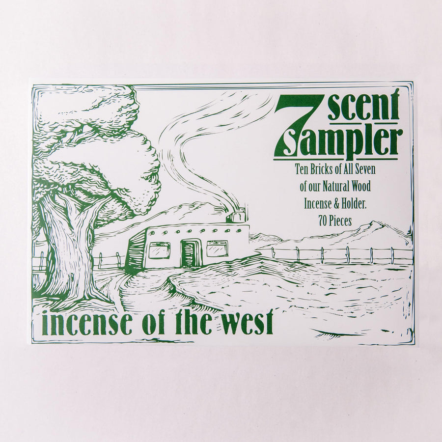 - 7 Scent Sampler Natural Wood Incense with Burner, Includes Piñon, Cedar, Juniper, Hickory, Alder, Mesquite, and Fir Balsam (70 Bricks) - Made in The USA