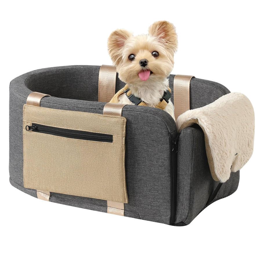 Portable Console - Dog Cat Booster Seat on Car Armrest, Washable Safety Tethers