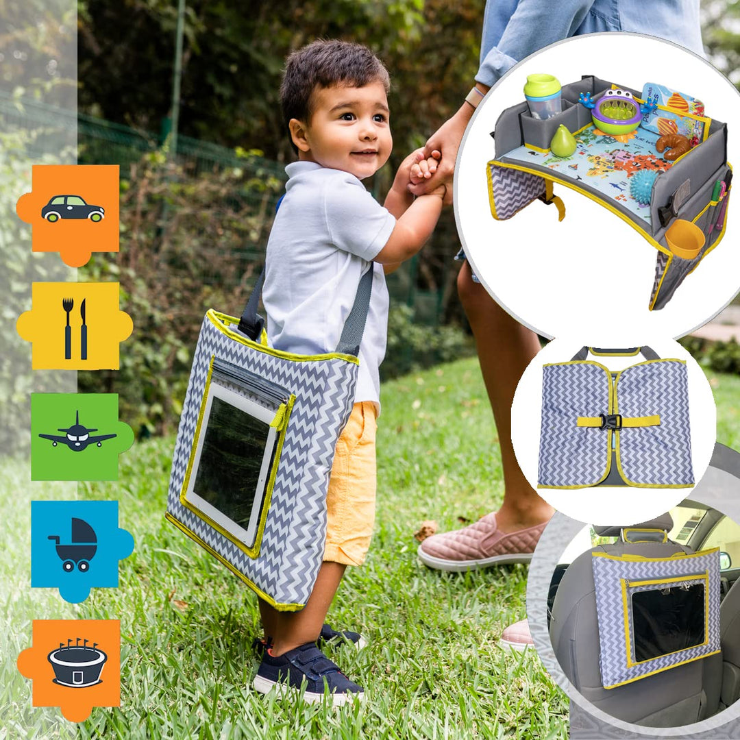 Kids Travel Tray - Car Seat Tray - Travel Lap Desk Accessory for Your Child's Rides and Flights - it's a Collapsible Organizer that Keeps Children Entertained Holding Their Toys (Yellow)