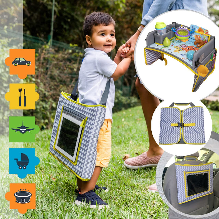 Kids Travel Tray - Car Seat Tray - Travel Lap Desk Accessory for Your Child's Rides and Flights - it's a Collapsible Organizer that Keeps Children Entertained Holding Their Toys (Yellow)