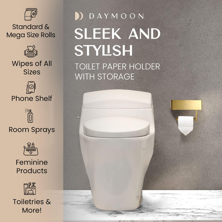 Day Moon™ Brushed Gold Toilet Paper Holder with Shelf, Wipe Holder for Bathroom Flushable Wipes Dispenser Toilet Paper and Wipes Holder, Toilet Paper Holder with Storage Toilet Paper Holder Wall Mount