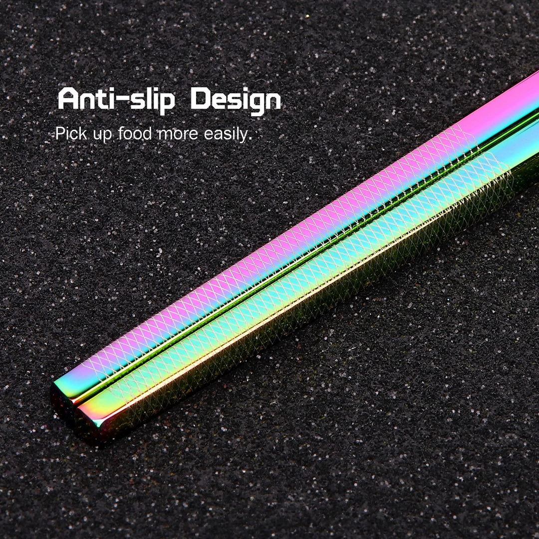 Metal Chopsticks Reusable 2 Pairs Titanium Plated Stainless Steel18/8 Chopsticks with Holder, Dishwasher Safe Lightweight Japanese Style Chopsticks Gift Set(Rainbow Gradient)