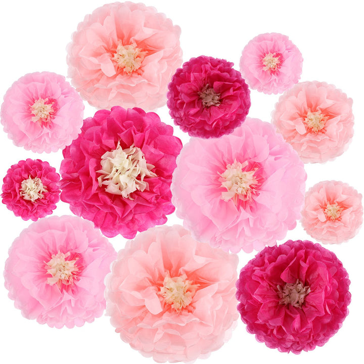 Gejoy 12 Pieces Pink Paper Flowers Tissue Pom Poms Giant Tissue Paper Chrysanth Fiesta Flowers DIY Crafting for Wedding Backdrop Bridal Baby Shower Birthday Nursery Outdoor Wall Decoration
