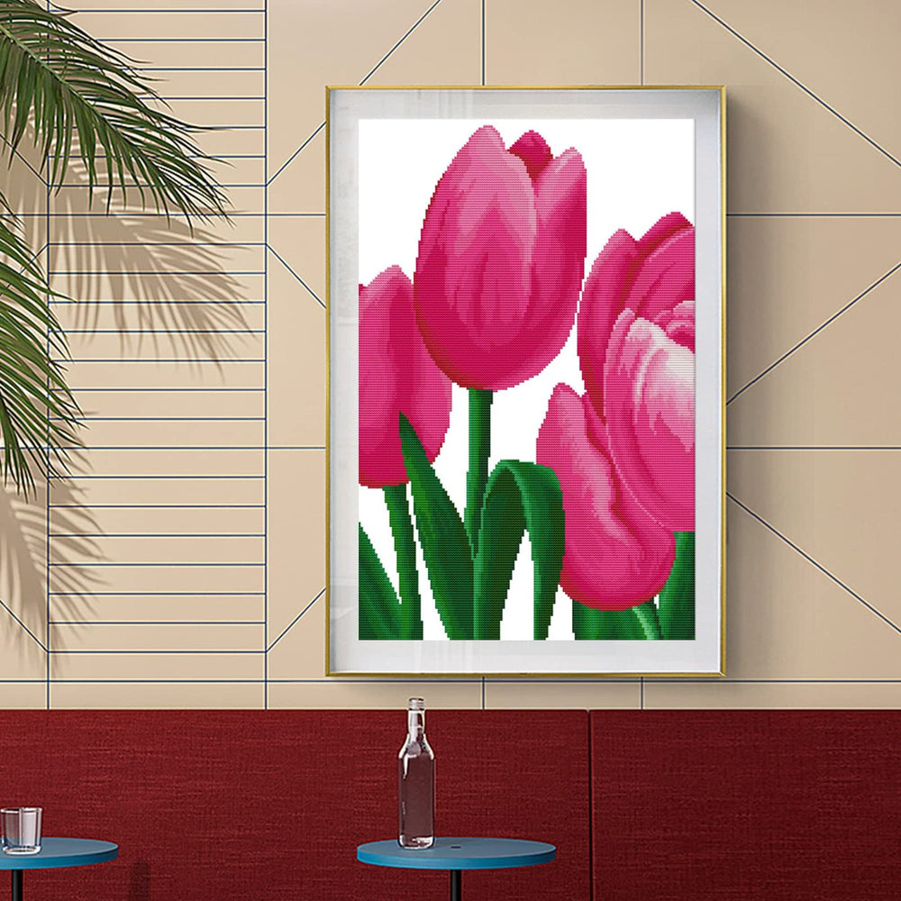 Stamped Cross Stitch Kits for Beginners,Full Set of Crossstitching Preprinted Pattern, Embroidery Needlepoint Starter Kits 14CT 2 Strands-Pink Tulip, 13x18.9 inch