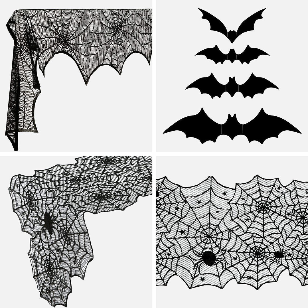 5 Pack Halloween Decorations Set,Black Halloween Tablecloth Runner Lace Spiderweb Table Cover Fireplace Lampshade with 120pcs 3D Bats Wall Sticker