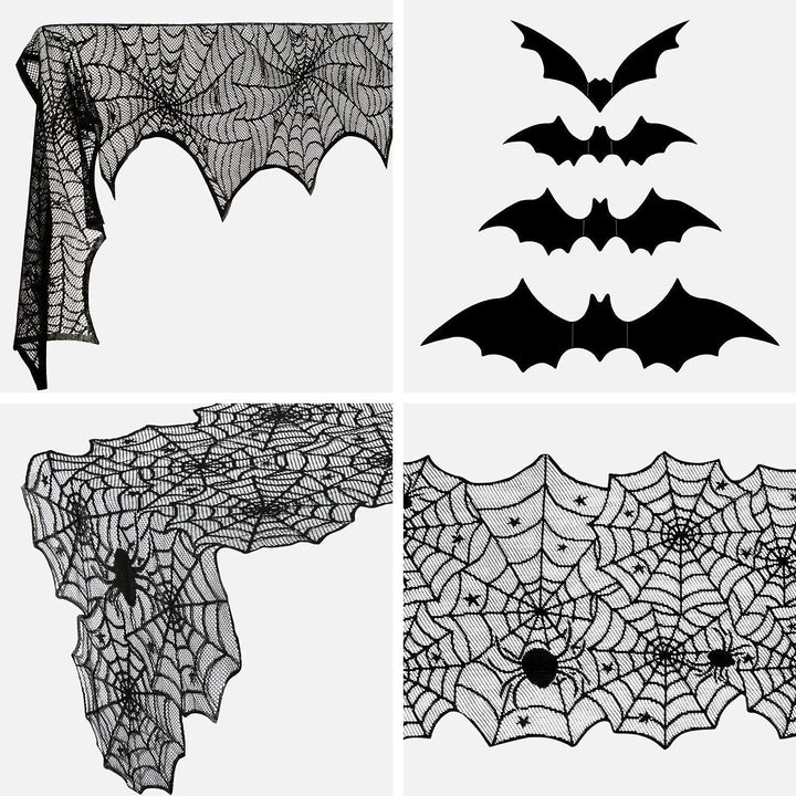 5 Pack Halloween Decorations Set,Black Halloween Tablecloth Runner Lace Spiderweb Table Cover Fireplace Lampshade with 120pcs 3D Bats Wall Sticker