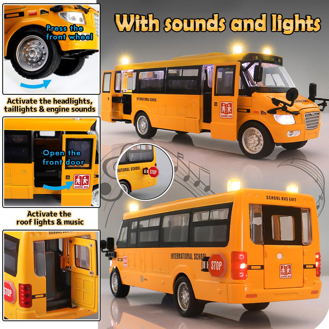 School Bus Toy Die Cast Vehicles Yellow Large Alloy Pull Back 9&#39;&#39; Play Bus with Sounds and Lights for Kids