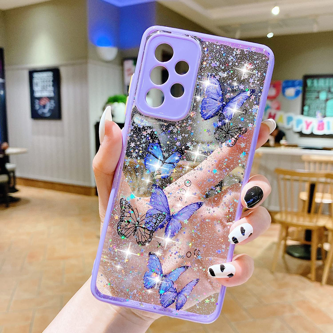 Compatible with Samsung Galaxy A52 4G/5G Case for Girls,Soft Slim Fit Full-Around Protective Cute Clear Sparkly Bling Star Butterfly Pattern Phone Case Glitter Cover for Samsung Galaxy A52 -Purple