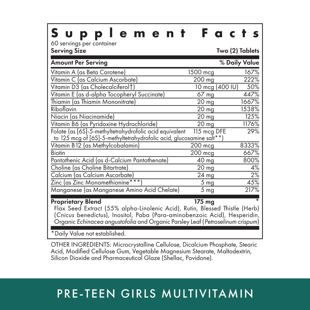 Health Naturopathic Programs Pre-Teen Girls - 120 Vegetarian Tablets - Daily Multivitamin for Healthy Growth & Development - Kosher - 60 Servings