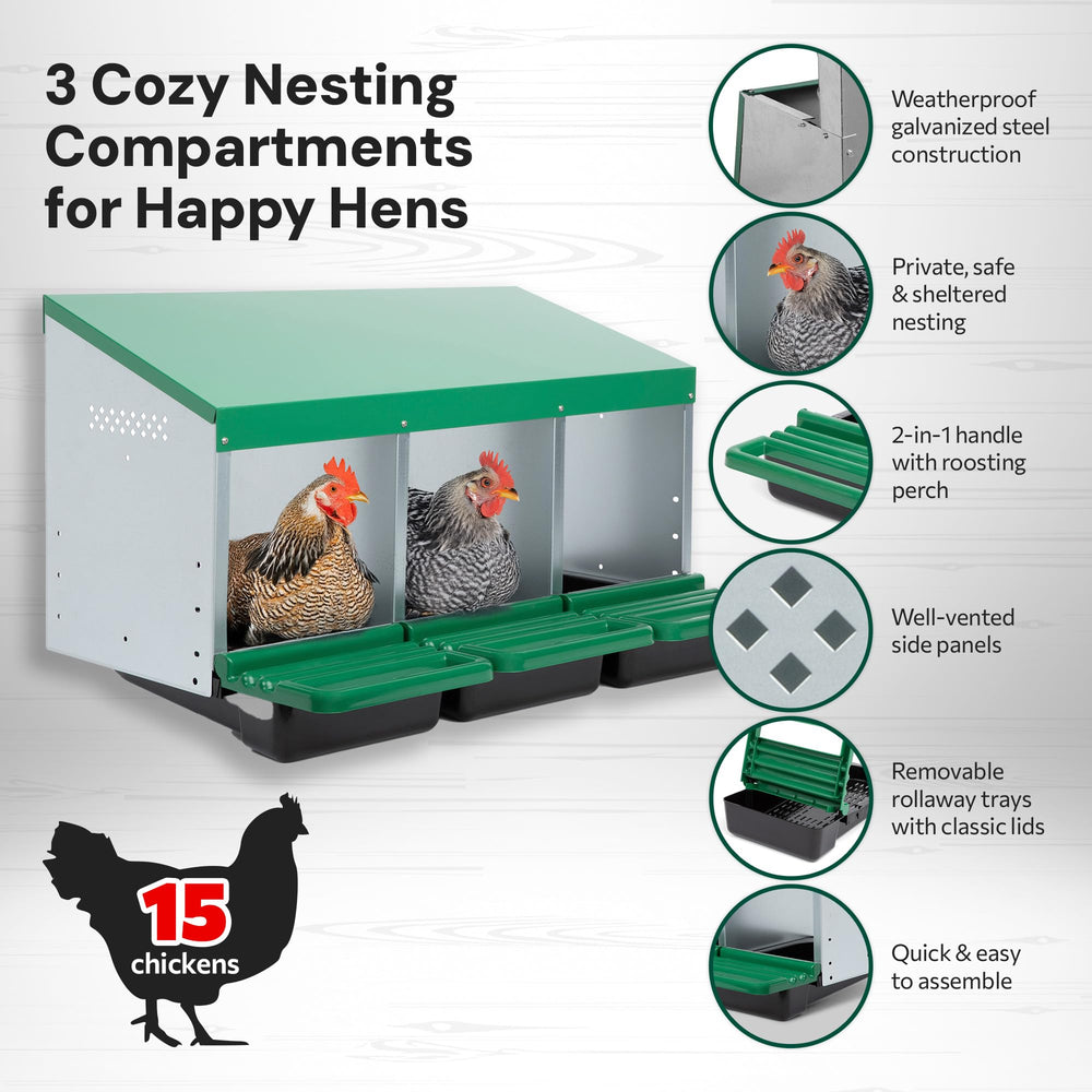 3 Compartment, Forward Rollout & Rollaway, Hen & Chicken Nesting Box with Integrated Perch and Protective Egg Laying Collection Lids