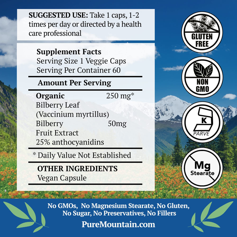 Bilberry Extract Supplement Vegan Kosher Capsules with 250mg Organic Bilberry Leaf & 50mg Potent Extract of Billberries