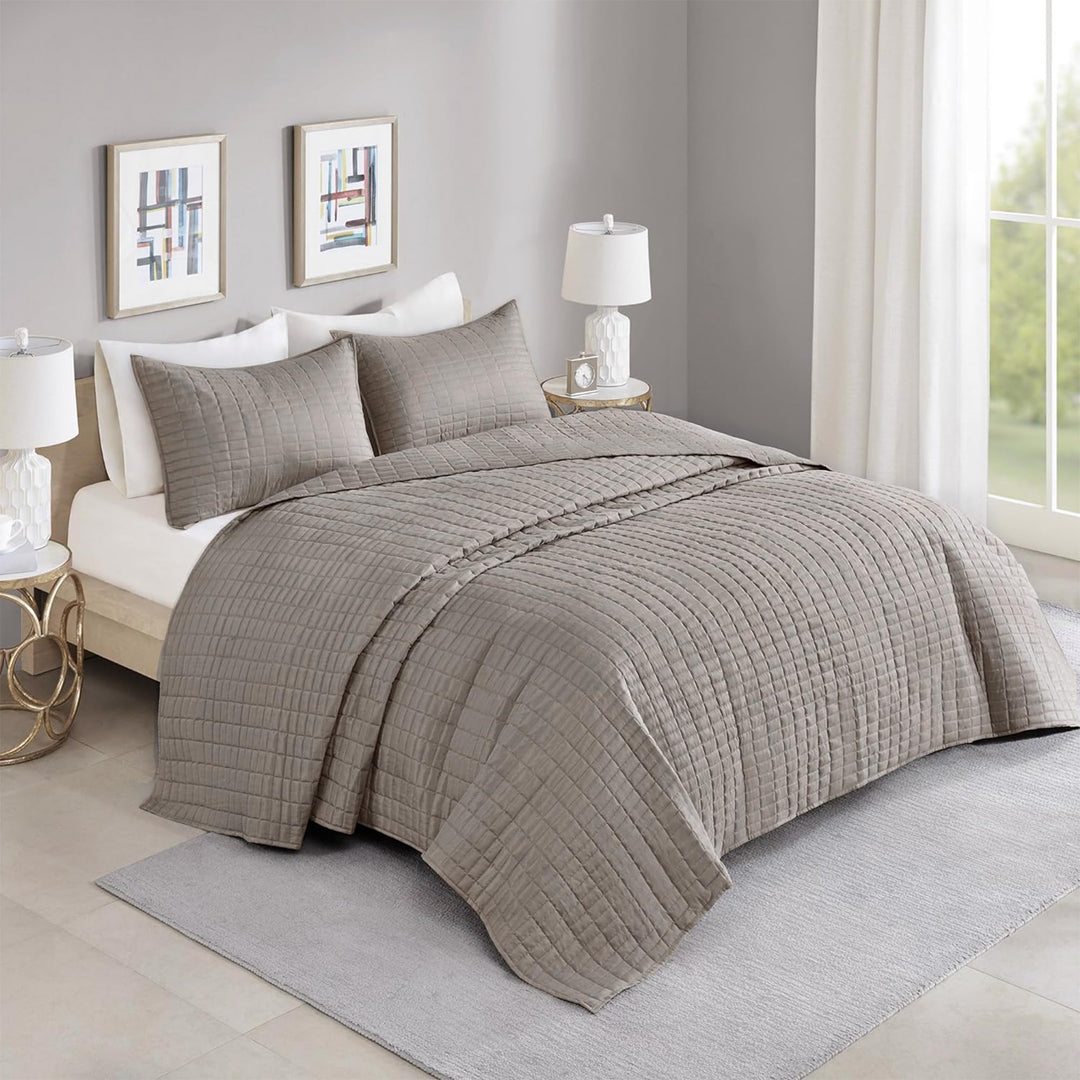 King Quilt-All Season Bedding, Taupe Bedspread With Double Sided Stitching Design, Soft Summer Blanket Matching Shams Coverlet Kienna Collection (120x118) 3 Piece