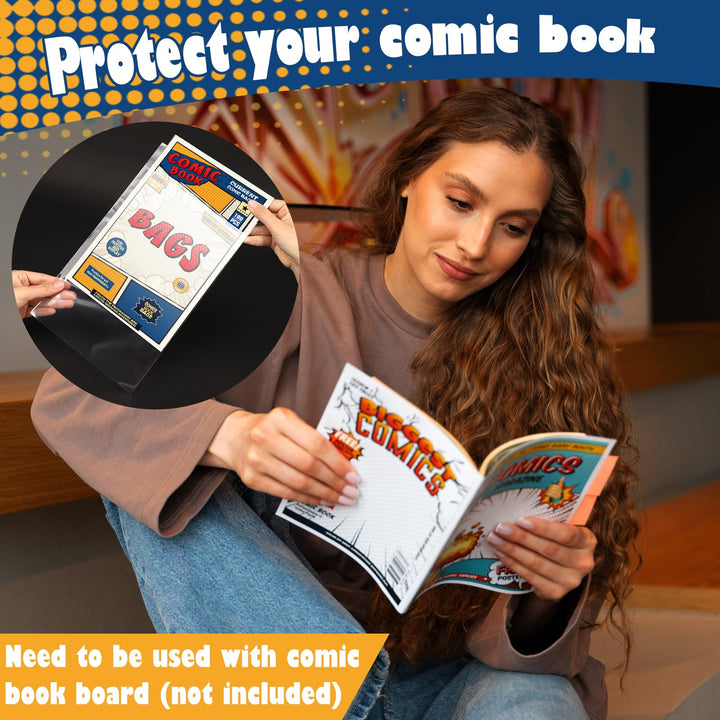 Comic Book Bags, Current Size Comic Bags 7.2 X 10.5 inch Transparent Acid-Free and Reusable Comic Book Sleeves for Regular Comics (100)