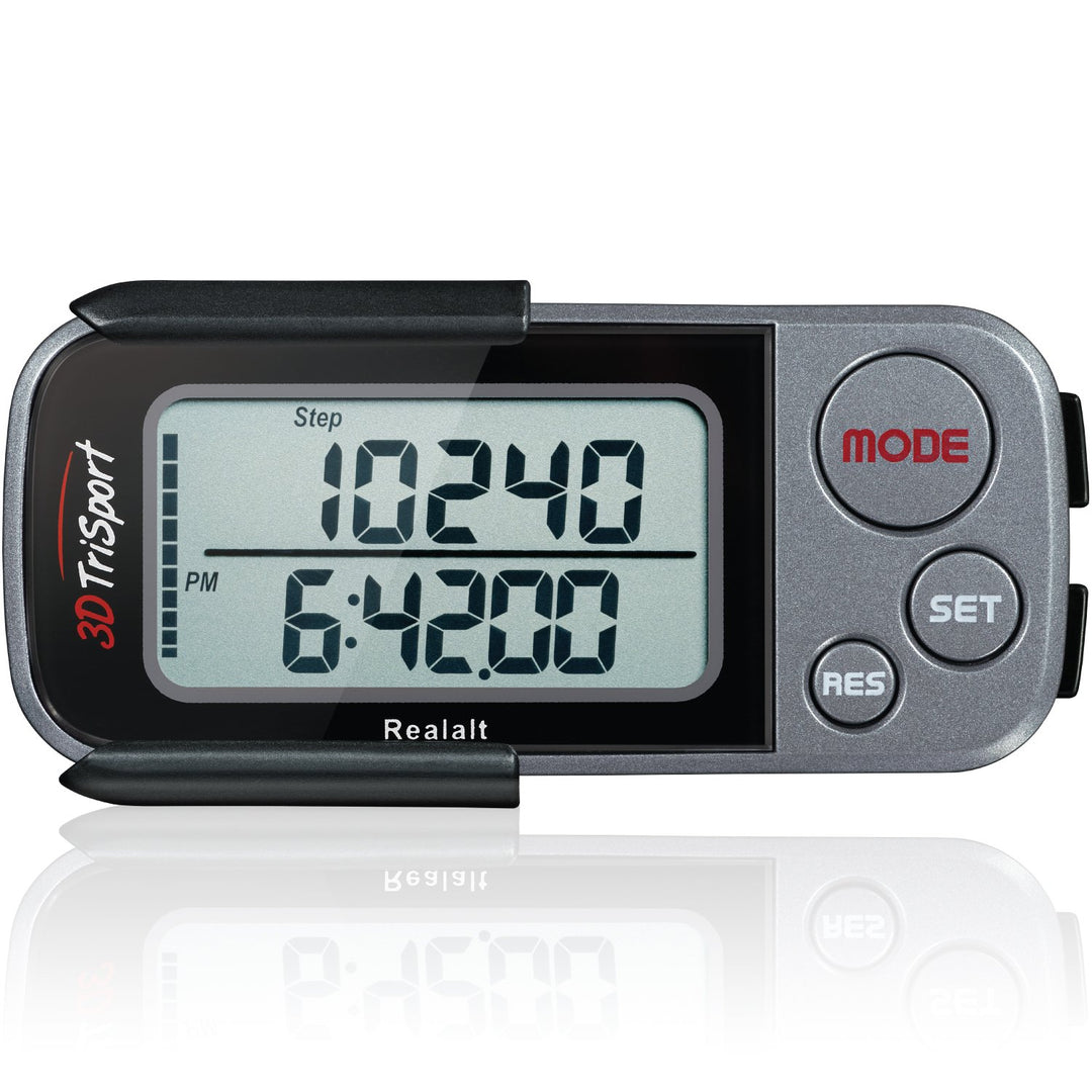 3DTriSport Walking 3D Pedometer with Clip and Strap, Free eBook | 30 Days Memory, Accurate Step Counter, Walking Distance Miles/Km, Calorie Counter (Grey, 3 L x 1.3 W x 0.4 H)