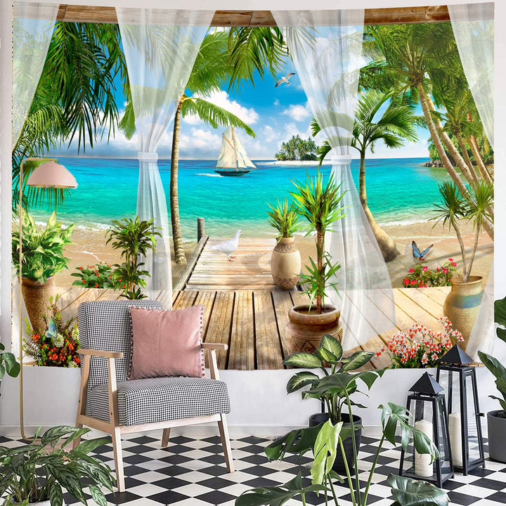 UDTAPCS Ocean Beach Tapestry,Coconut Tree Tapestry Wall