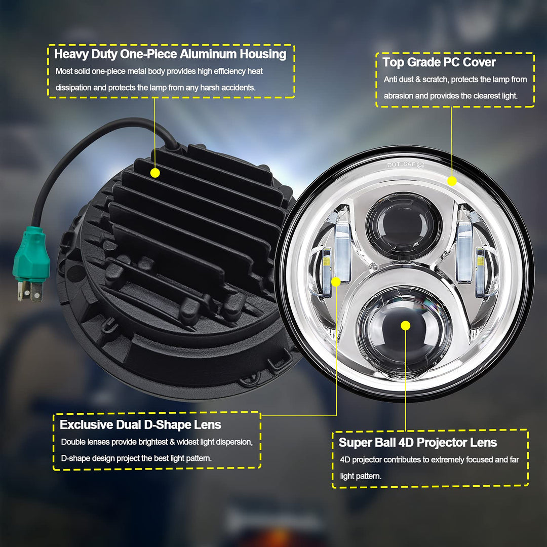 7 inch Motorcycle LED Headlight 4.5 Fog Passing Lights DOT Kit Compatible with Harley Davidson Fat Boy Street Glide Heritage Softail Road King Switchback Electra Glide Ultra Classic Chrome