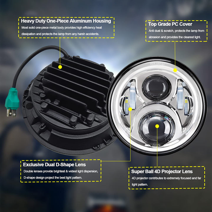 7 inch Motorcycle LED Headlight 4.5 Fog Passing Lights DOT Kit Compatible with Harley Davidson Fat Boy Street Glide Heritage Softail Road King Switchback Electra Glide Ultra Classic Chrome