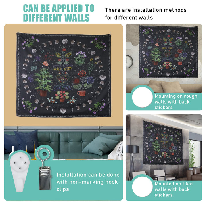 Plant Tapestry, Nature Moon Phase Tapestry Wall Hanging, Bohemian Mandala Tapestry Aesthetic Bedroom Decor, Botanical Tapestries Suitable For Bedroom Home Dorm-50 X 60