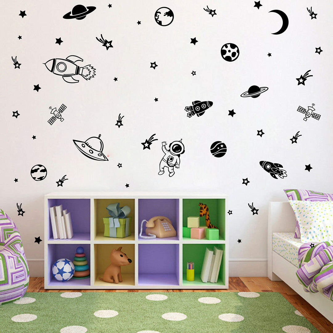 Outer Space Wall Decals for Boys Bedroom Decoration Rockets Planets Stars Wall Stickers Removable Wall Decor for Baby Kids Room (33) (Black)
