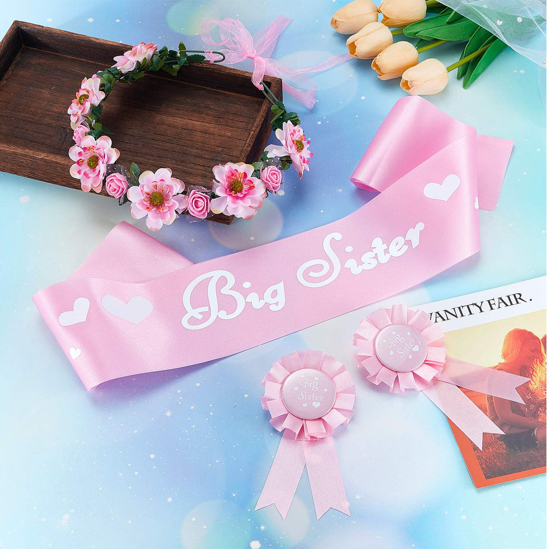 3 Pcs Big Sister Accessory Set Big Sister Flower Crown Satin Sash Pin Big Sister Gifts for Baby Shower Party(Pink)