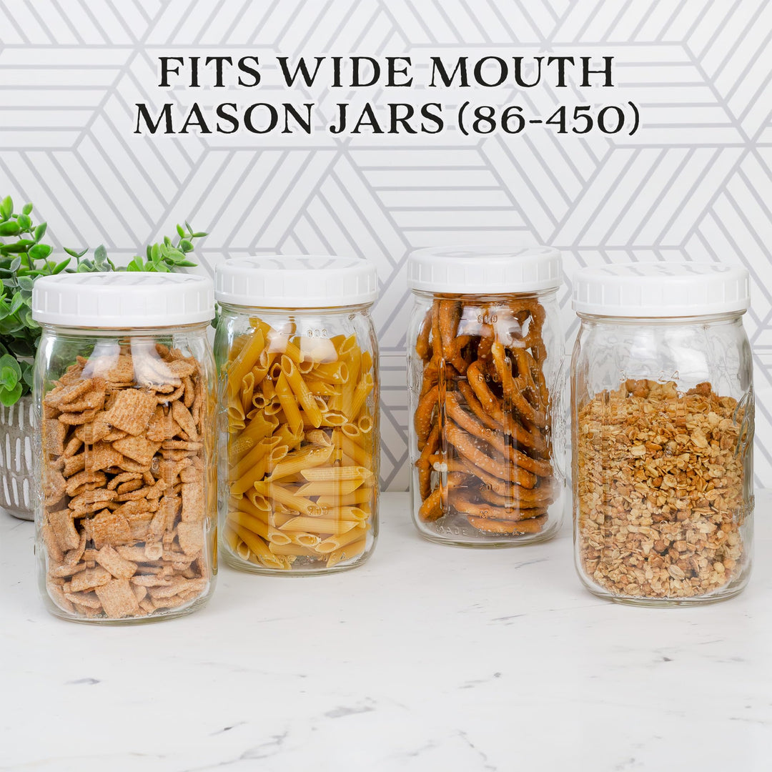 Wide Mouth Plastic Mason Jar Lids (24-Pack Bundle); 2 Dozen Unlined White Ribbed Lids, 86-450 Size